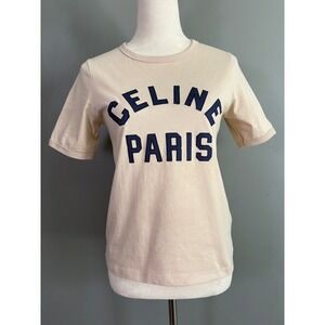 Celine Paris 70s Ringer T-Shirt Women S Beige Navy Cotton Logo Designer Elevated
